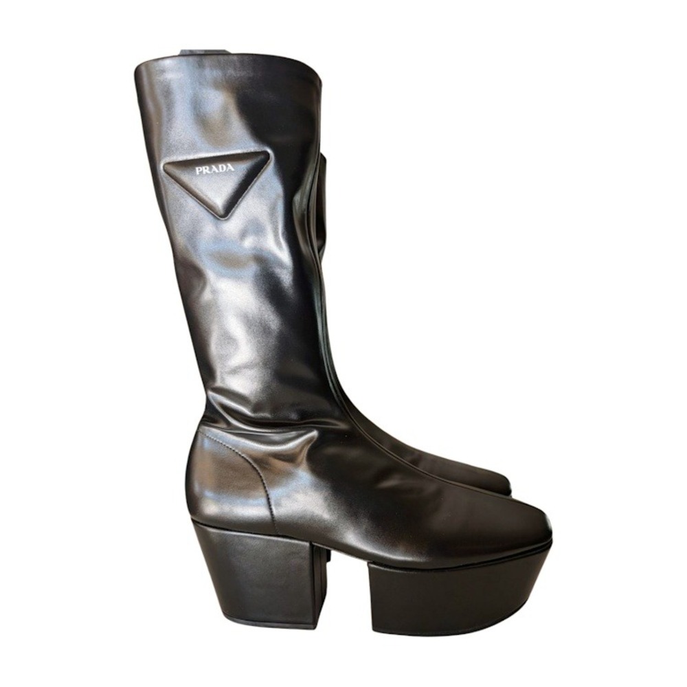 NIB PRADA Black Platform Square Toe Mid Calf Leather Sock Boots Size 39 - Picture 2 of 12